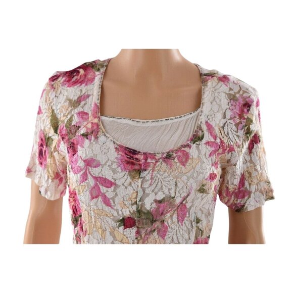 Vintage 90s Sheer Floral Dress Lace Sweeping CottageCore Festival Cream Pink Max - Picture 3 of 9